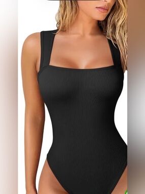 Black Square Neck Ribbed BodySuit